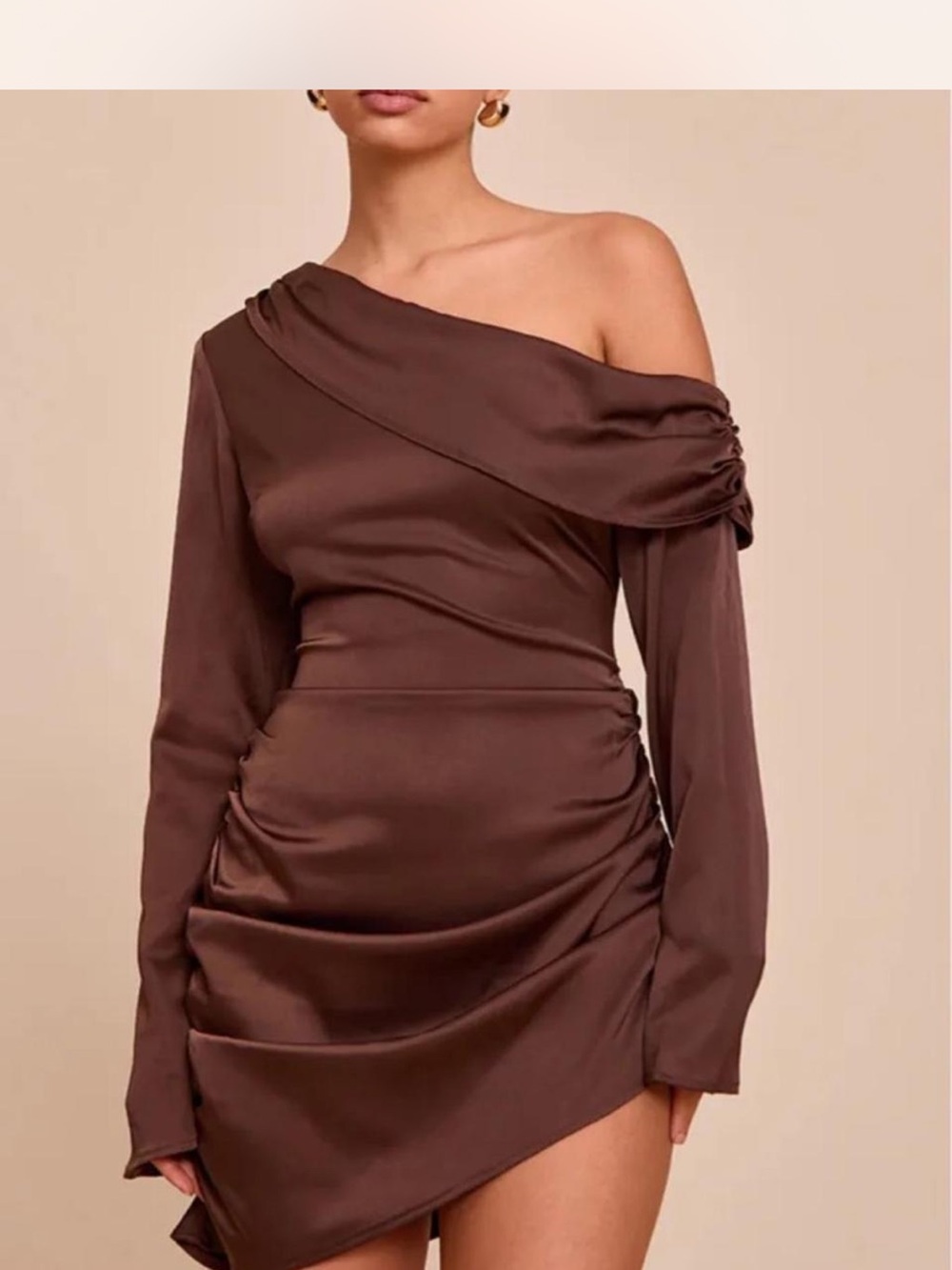 PrettyLittleThing Brown One-Shoulder Satin Ruched Mini Dress